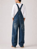 Men Blue Baggy Wide Leg Denim Overalls Distressed Carpenter Jumpsuit