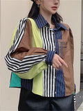 Women's Chic Contrast Color Striped Long Puffed Sleeve Shirts
