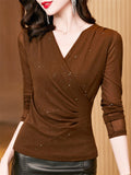 Women's Bling Solid Color V-Neck Long-sleeve Undershirt