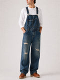 Men Blue Baggy Wide Leg Denim Overalls Distressed Carpenter Jumpsuit