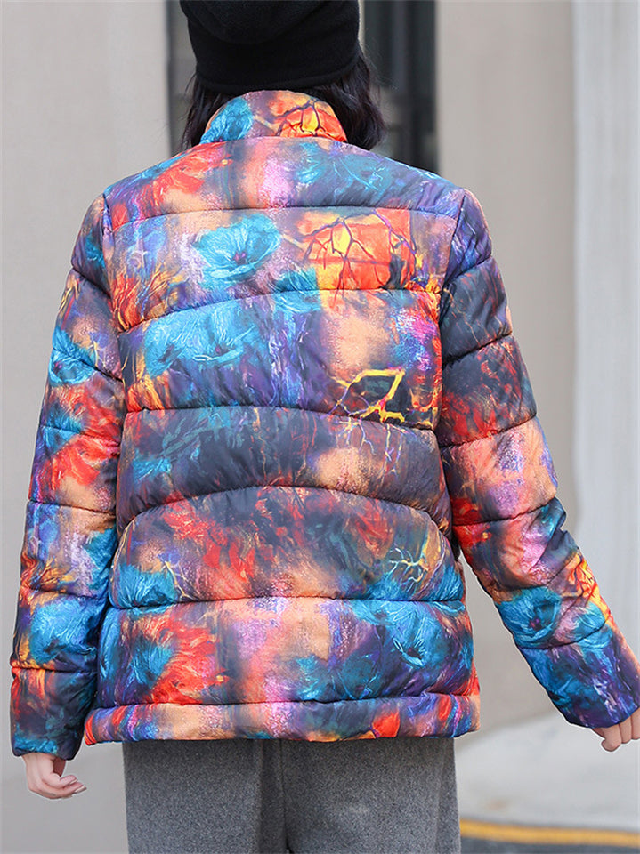 Women's Retro Print Stand Collar Long Sleeve Padded Coat