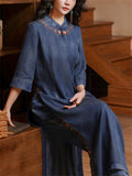 Women Ethnic Medium Long Sleeves Denim Cheongsam Style Top and Elastic Waist Pant Set