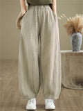 Women's Solid Color Cotton Linen Elastic Waist Wide Leg Pants
