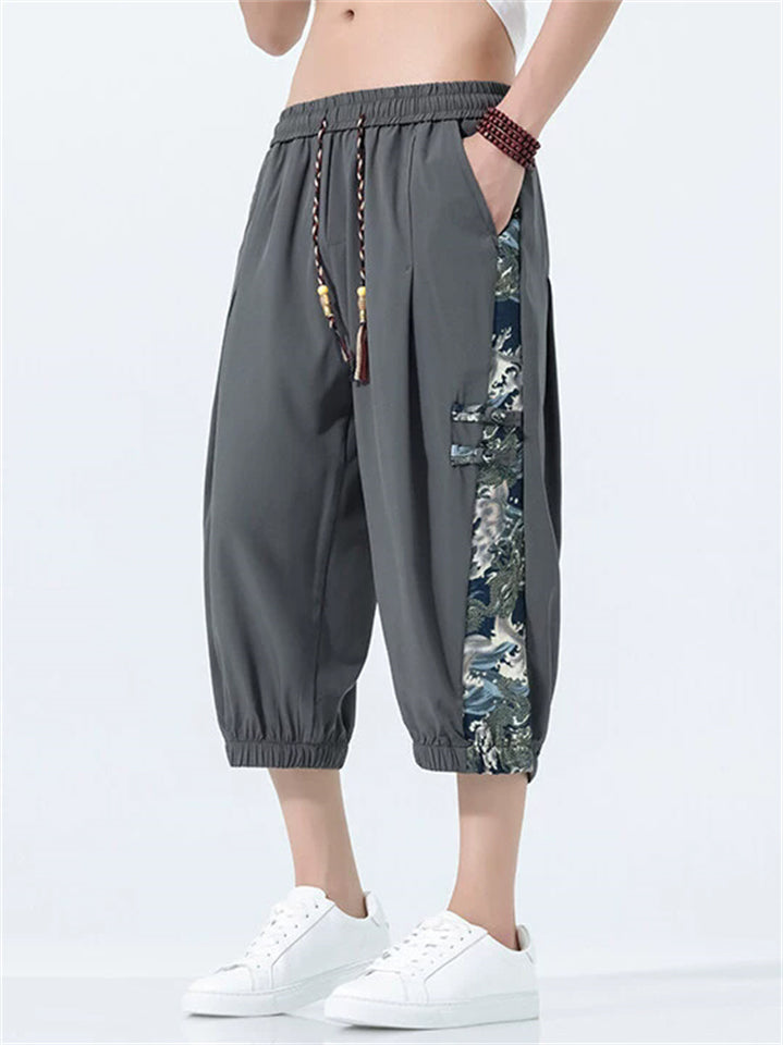 Men's Cool Chinese Style Loong Print Harem Capris Loose Jogger Pants