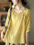 Summer Cotton Linen Embroidery Half Sleeve Shirt for Women