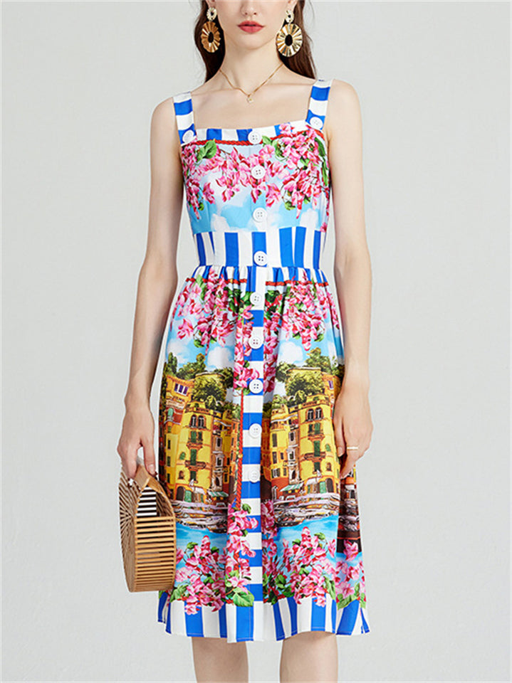 Women's Summer Holiday Style Print Strappy Midi Dress