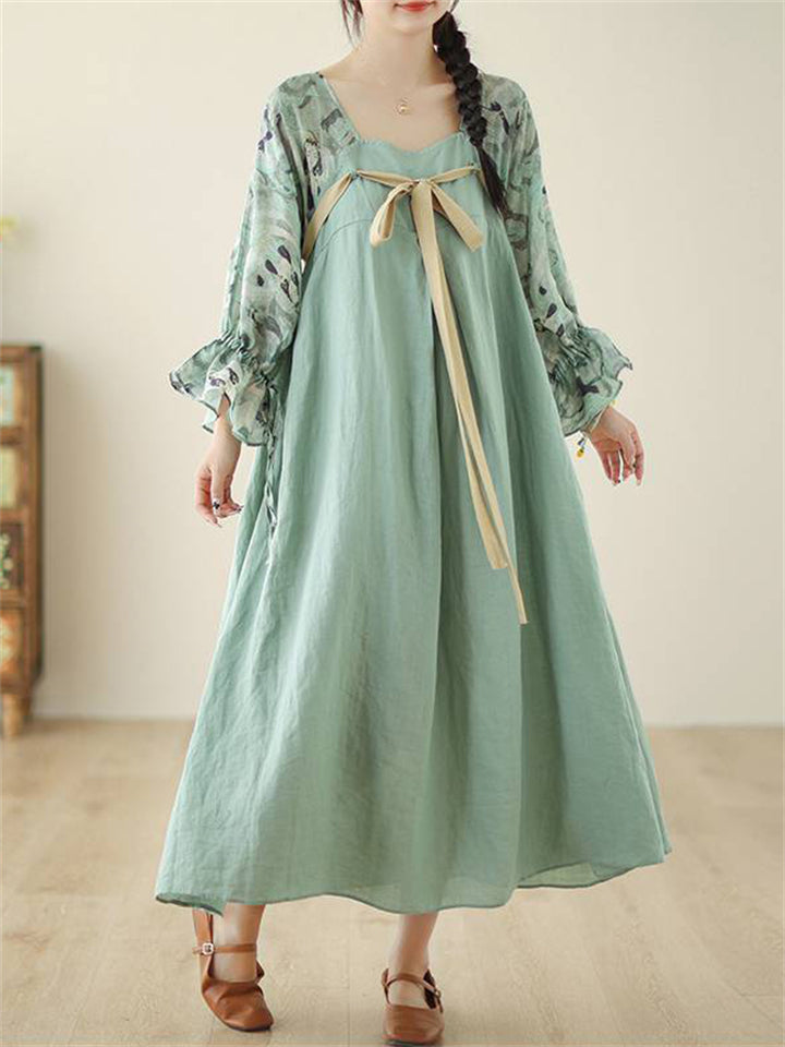Chinese Style Vintage Print Patchwork Long Sleeve Dress for Women