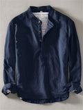 Men's Solid Color Cotton Linen Stand Collar Pullover Long Sleeve Shirts
