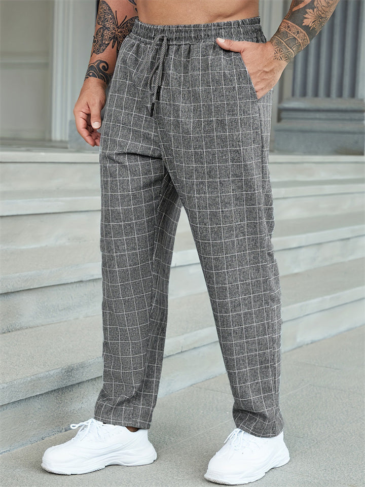 Men Plaid Drawstring Elastic Waist Casual Straight Trousers