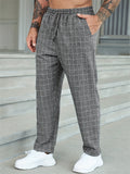 Men Plaid Drawstring Elastic Waist Casual Straight Trousers