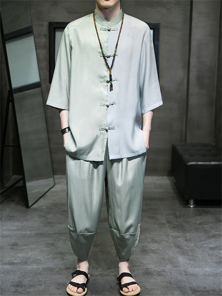 Men's 2Pcs Cool Contrast Color 3/4 Sleeve Stand Collar TangSuit Outfits