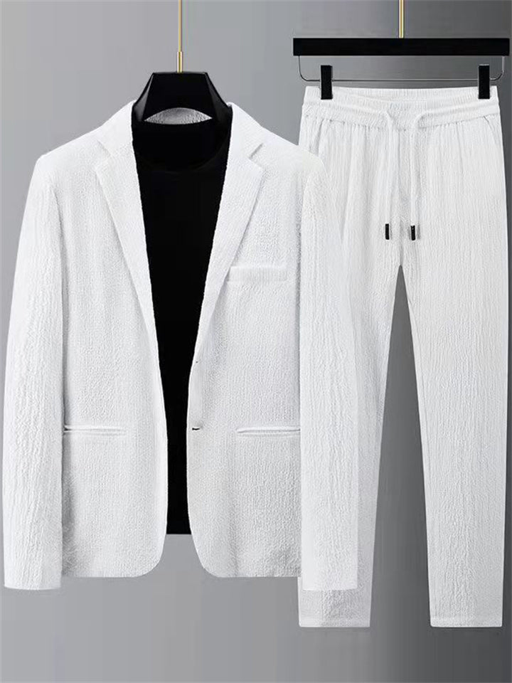 Men's 2Pcs Texture Single Breasted Lapel Pocket Solid Color Outfits