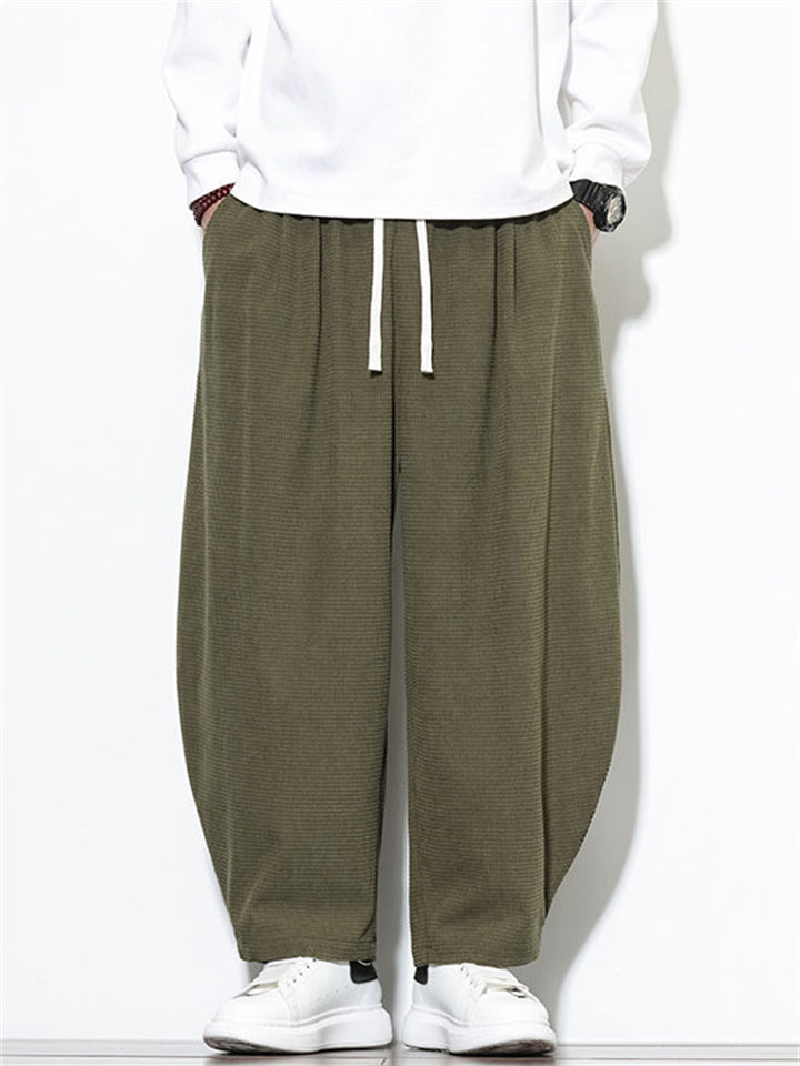 Men's Casual Drawstring Wide Leg Waffle Corduroy Pants