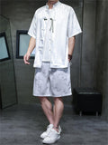 Men's 2Pcs Summer Bamboo Jacquard Stand Collar Short Sleeve Solid Color Outfits