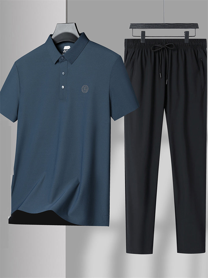 Men's 2Pcs Summer Cool Lapel Short Sleeve Seamless Solid Color Outfits