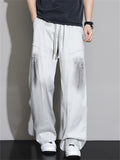 Men Plus Size Drawstring Wide Leg Jeans Elastic Waist Baggy Cargo Denim