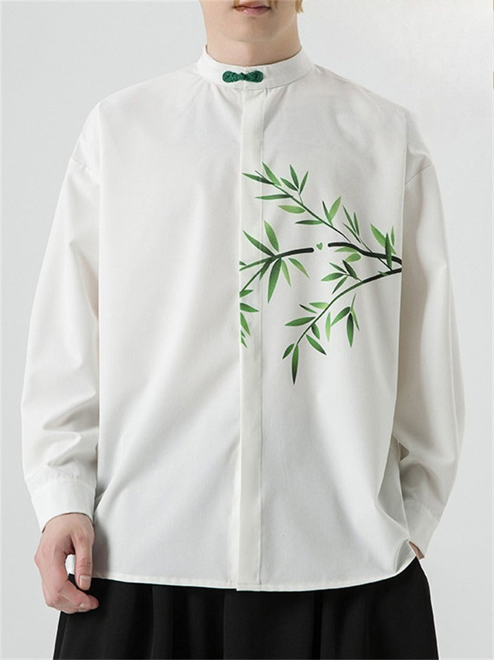 Men Chinese Style Long Sleeve Loose Fit Shirt with Bamboo Leaf Print