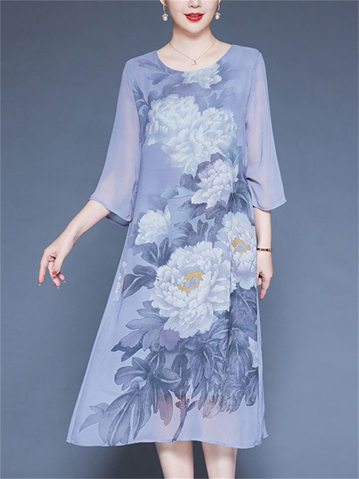 Summer Flower Print O-neck 3/4 Sleeve  A-Line Dress for Women