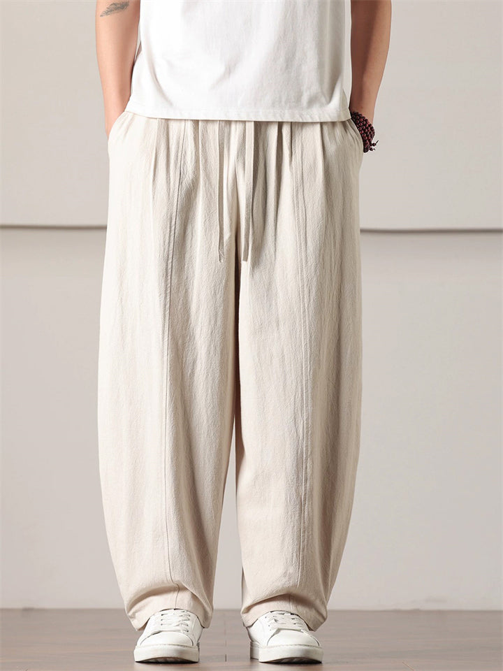 Mens Summer Linen Cotton Loose Fit Baggy Drawstring Pants