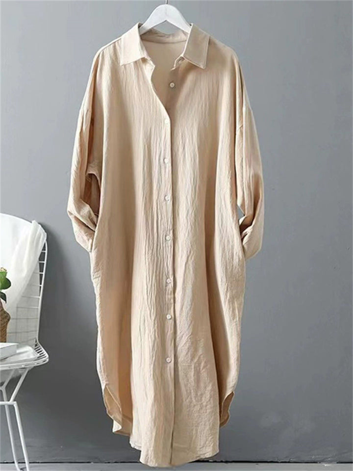 Women's Casual Solid Color 3/4 Sleeve Button Up Lapel Long Shirts