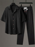 Men's 2Pcs Summer Casual Comfy Button Up Lapel Solid Color Outfits
