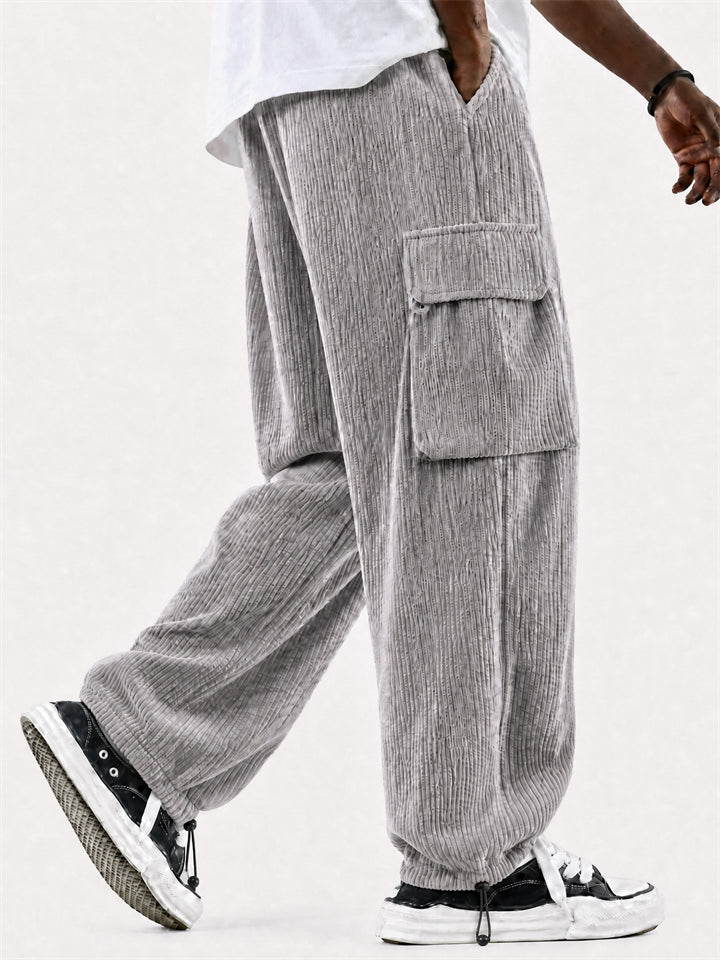 Mens Corduroy Cargo Pants with Multi Pockets and Drawstring Hem