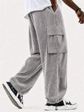Mens Corduroy Cargo Pants with Multi Pockets and Drawstring Hem