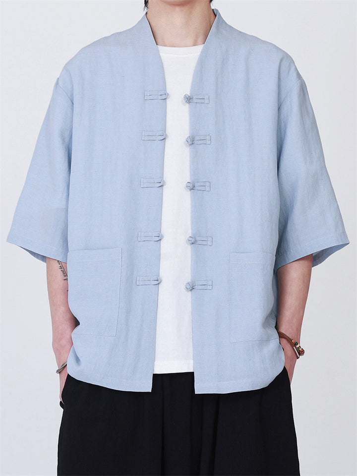 Men's Casual Simple Zen Style V Neck Frog Button Short Sleeve Shirts