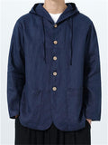 Men's Autumn Casual Solid Color Linen Hooded Long Sleeve Jackets