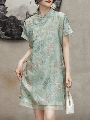 Women's Summer Light Green Embroidery Qipao