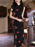 Lady Oriental Style Vintage Sleeveless Flower Print Split Cheongsam Dresses