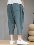 Mens Linen Blend Loose Baggy Cropped Wide Leg Harem Pants with Pockets