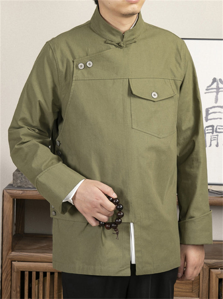 Retro Chinese Style Stand Collar Tang Suit Cargo Shirt for Men
