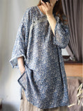 Women's Vintage Loose Ramine Blue Floral Print 3/4 Sleeve Shirts