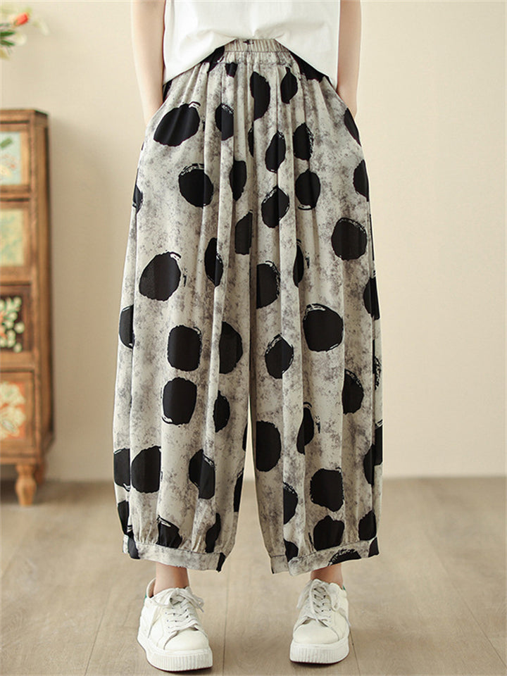 Women's Polka Dots Elastic Waist Pockets Cropped Pants