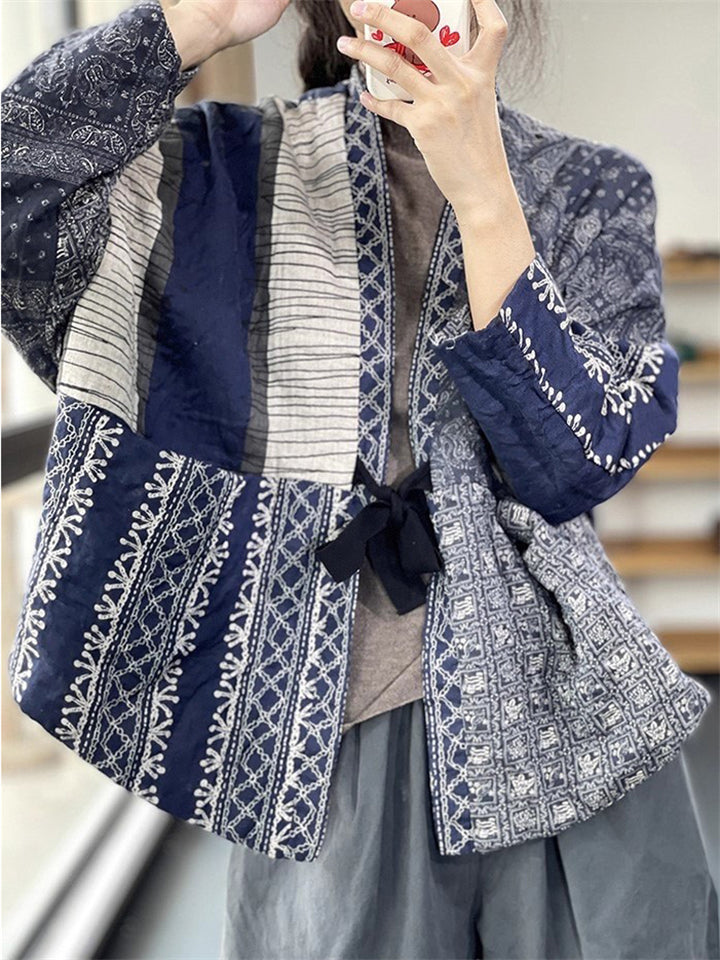 Women's Autumn Blue Printed Long Sleeve Lace Up Cardigan Coat