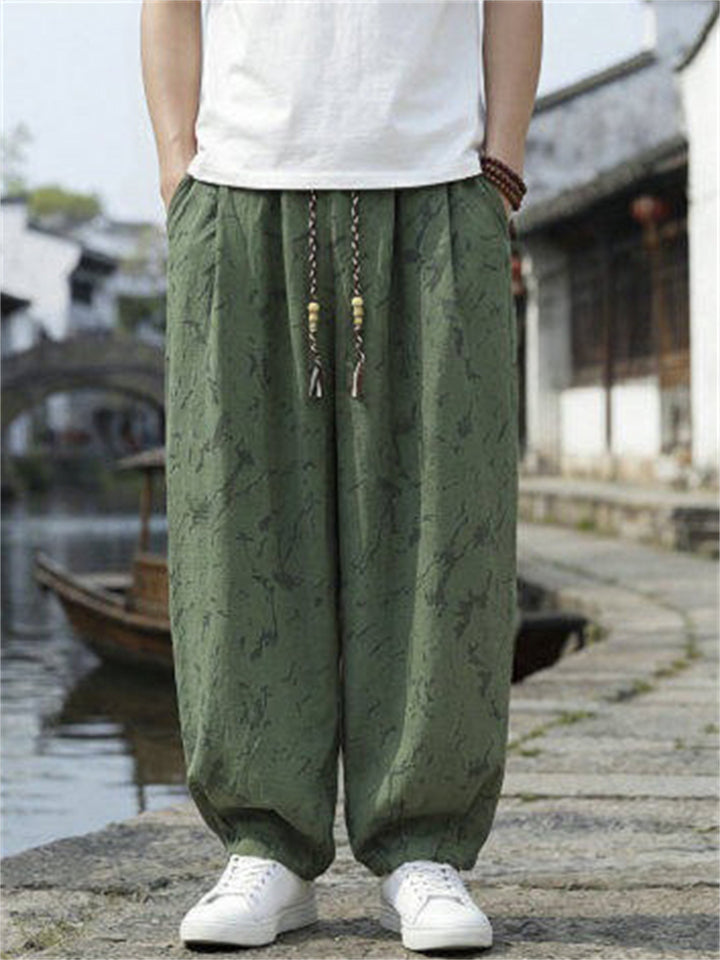 Mens Chinese Style Printed Drawstring Baggy Summer Pants