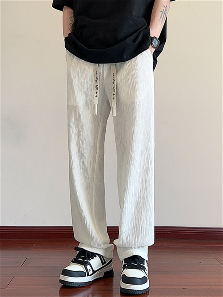 Men's Summer Drawstring Textured Loose Fit Wide Leg Pants