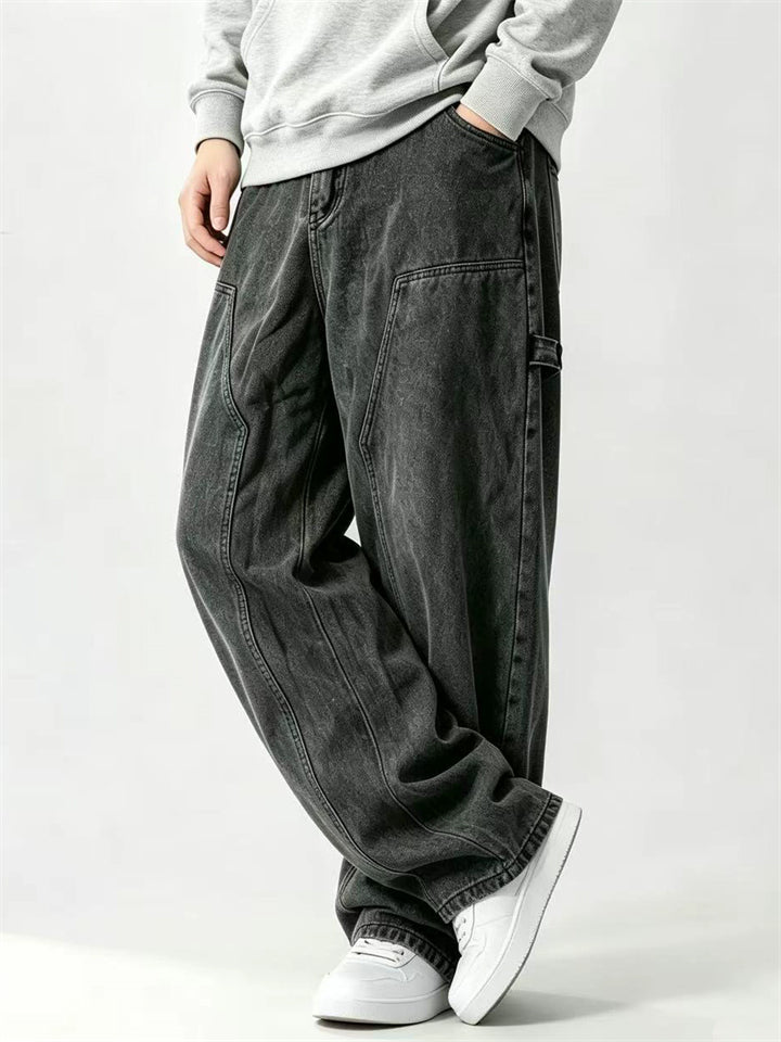 Men Baggy Carpenter Wide Leg Washed Denim Work Jeans