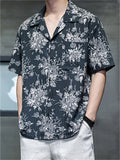 Men's Chinese Vintage Floral Print Short Sleeve Button Up Summer Shirts