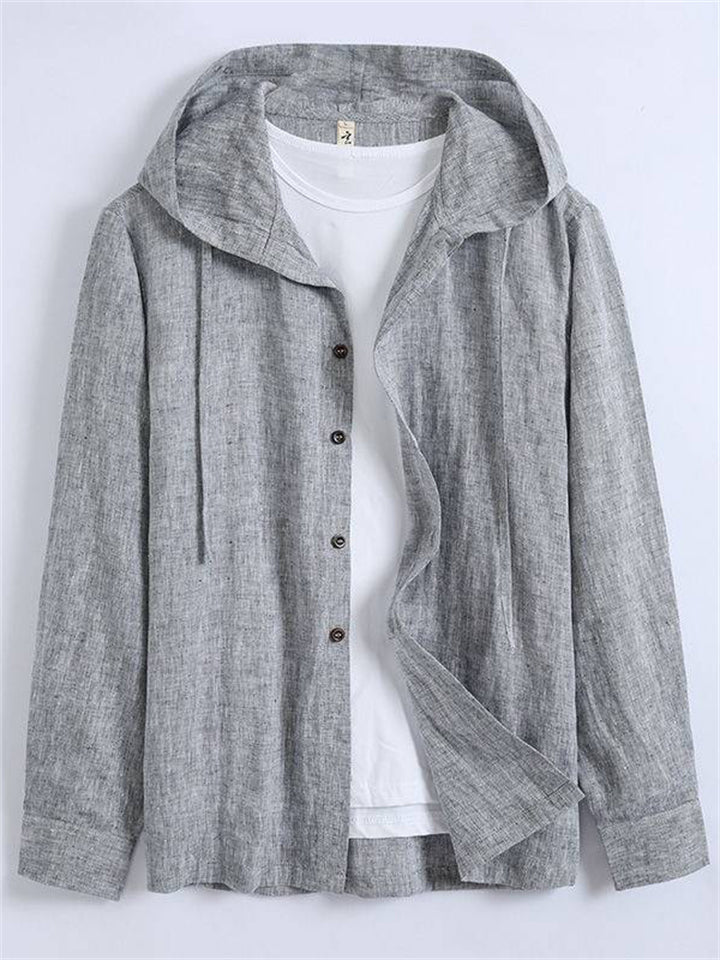Men's Solid Color Linen Loose Long Sleeve Hooded Shirts