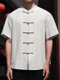 Men's Summer Linen Button Up Stand Collar Tang Suit Shirts