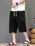 Men's Cotton Linen Solid Color Texture Drawstring Capri Pants