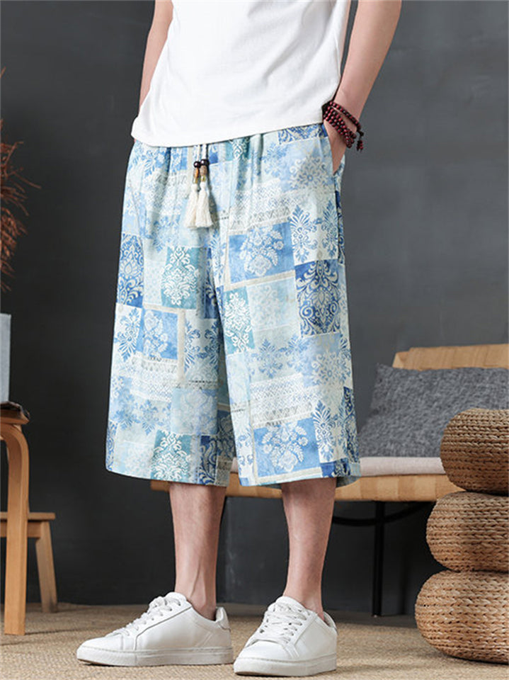 Mens Japanese Style Holiday Printed Wide Leg Cropped Summer Pants