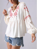 Women's French Style Embroidery V Neck Puffed Sleeve Shirt