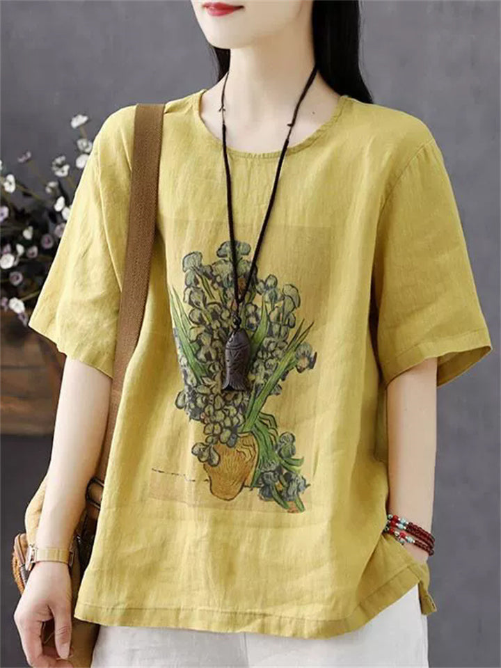 Women's Summer Retro Floral Printed Round Neck Loose Short Sleeve Shirts