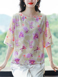 Comfy Elegant Summer Light Colored Flower Print Half Sleeve Shirt For Women