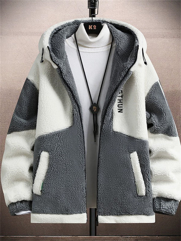 Casual Color Block Men's Winter Warm Fleece Lined Hooded Jacket