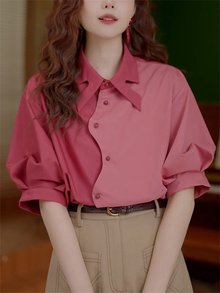 Women's Retro Chic Pink Contrast Color Button Up Puffed Sleeve Shirts