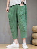 Mens Linen Blend Loose Baggy Cropped Wide Leg Harem Pants with Pockets